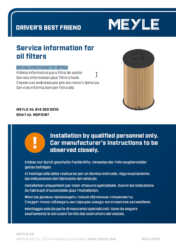 Service Information für Ölfilter