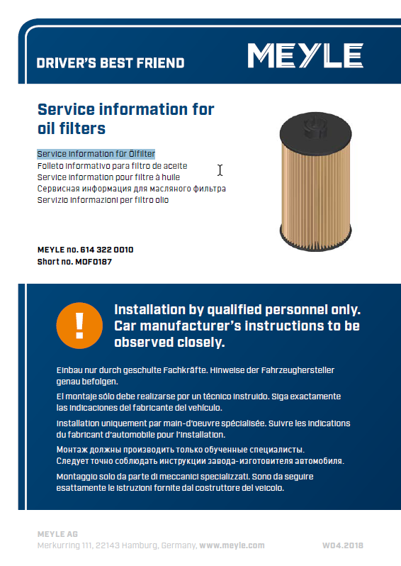 Service information pour filtre à huile