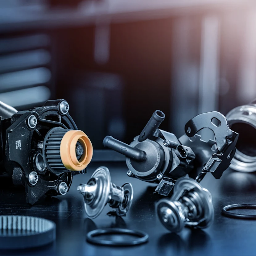 Photo of several MEYLE thermal management and engine cooling parts.