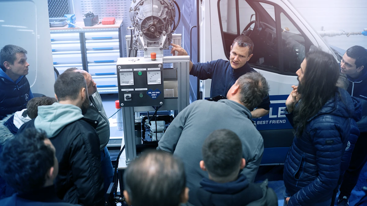 A person explains something to several people using a device on a van.