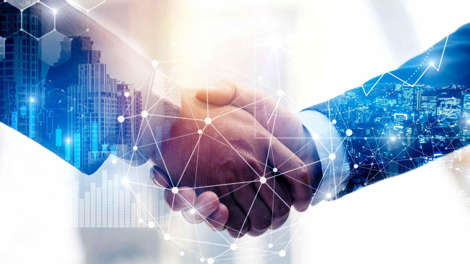 Close-up of two hands shaking hands, with blue images of a city and skyscrapers above.