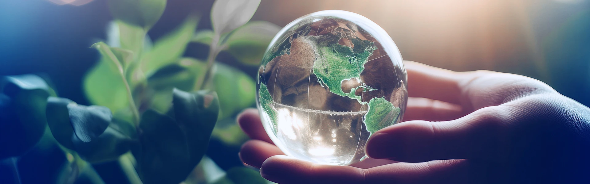 Eine Hand hält einen Glasglobus mit grün gezeichneten Kontinenten.
