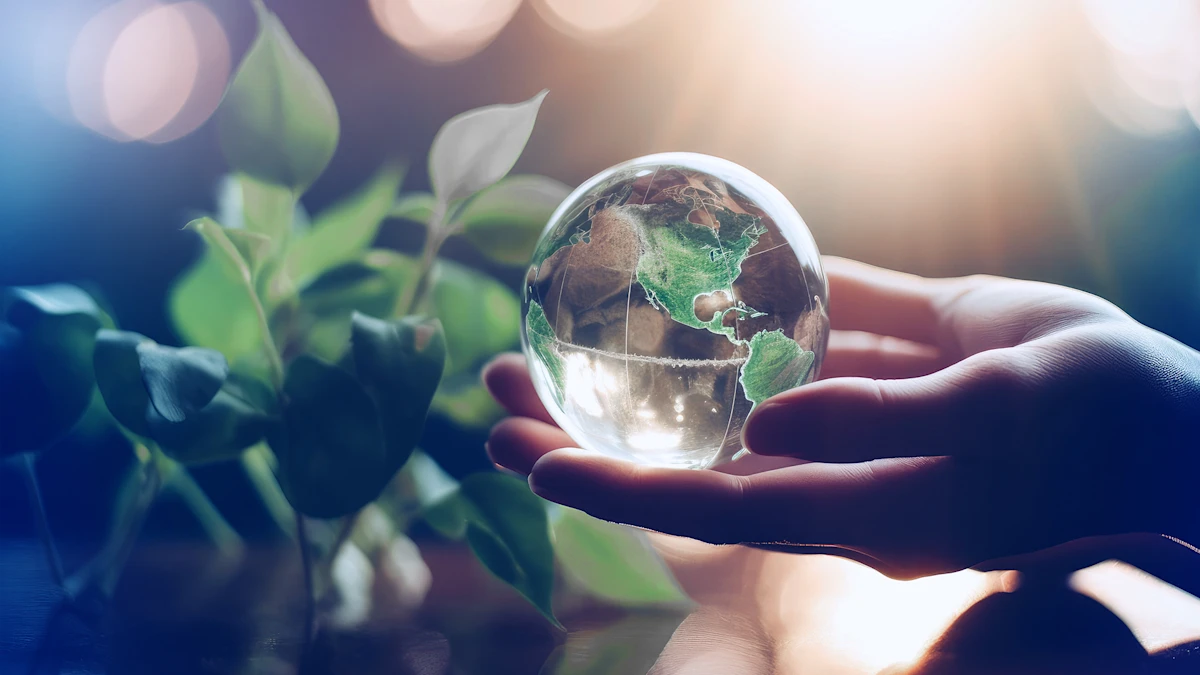 Hand holding a glass globe with continents drawn in green.