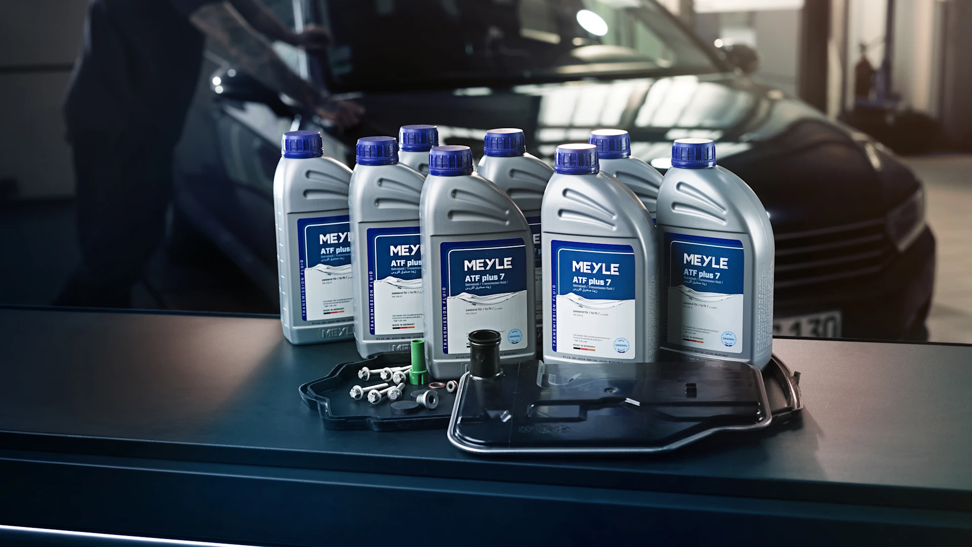 Photo of a MEYLE oil change kit on a tool trolley.